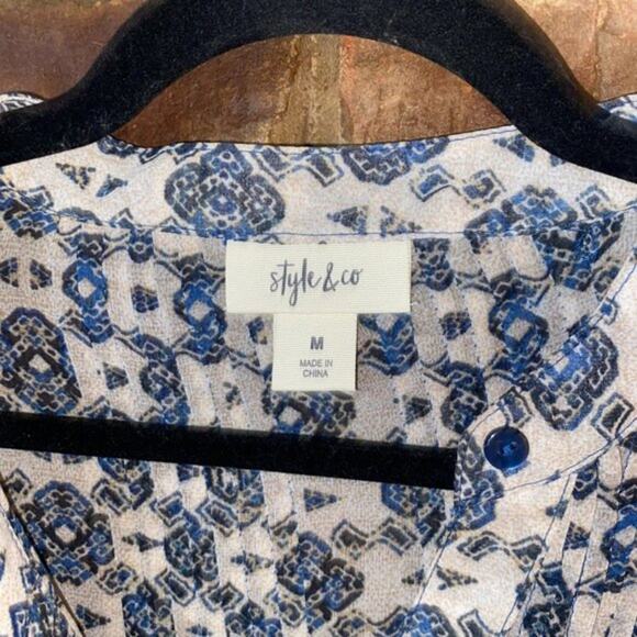 Style & Co Beige Blue Printed Button Down Tie Back Blouse Women's Size Medium - Picture 5 of 8